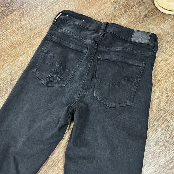 American Eagle Black Distressed Button Fly super hi-rise jegging Jeans - Picture 7 of 8